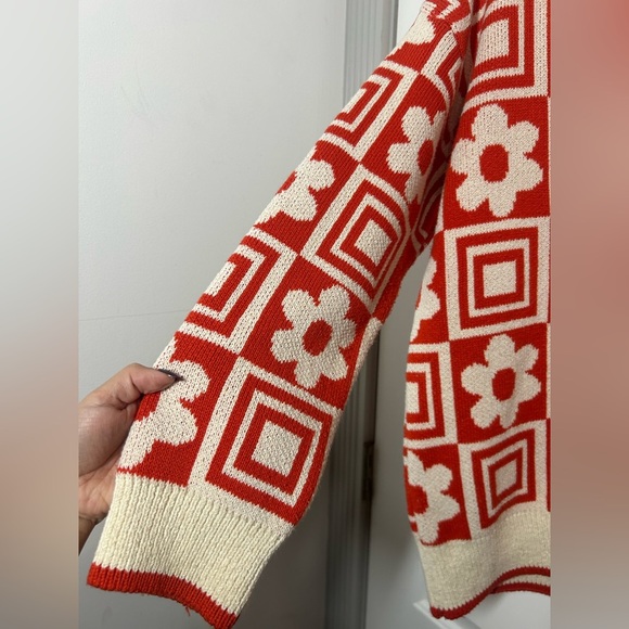 Zara Orange Jacquard Floral Geometric Chunky Knit Sweater Size S retro cozy 70s - Picture 8 of 13